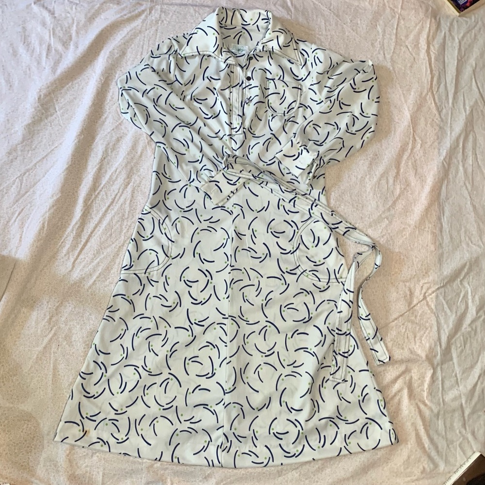 Vintage Country Club Shirt Dress Squiggle Pattern Blue Green White